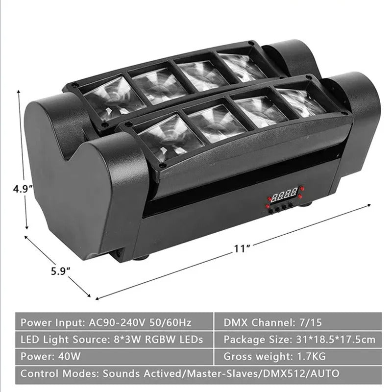 Mini Spider Light RGBW LED Stage Beam Moving Head – 8x3W DMX512 Sound Active Auto Master-Slave Mode for DJ Disco Party Nightclub Wedding Bar Holiday Effect