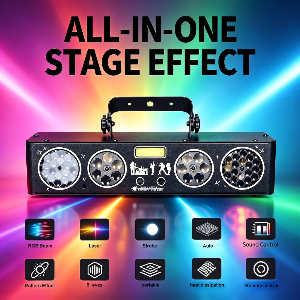 2026 Newest 6-in-1 Stage Effect Light – 50W RGB+White/Pink/Orange LED & Red/Green Laser Sound Activated + DMX Remote Control DJ Disco Party Light for Wedding Bar Club