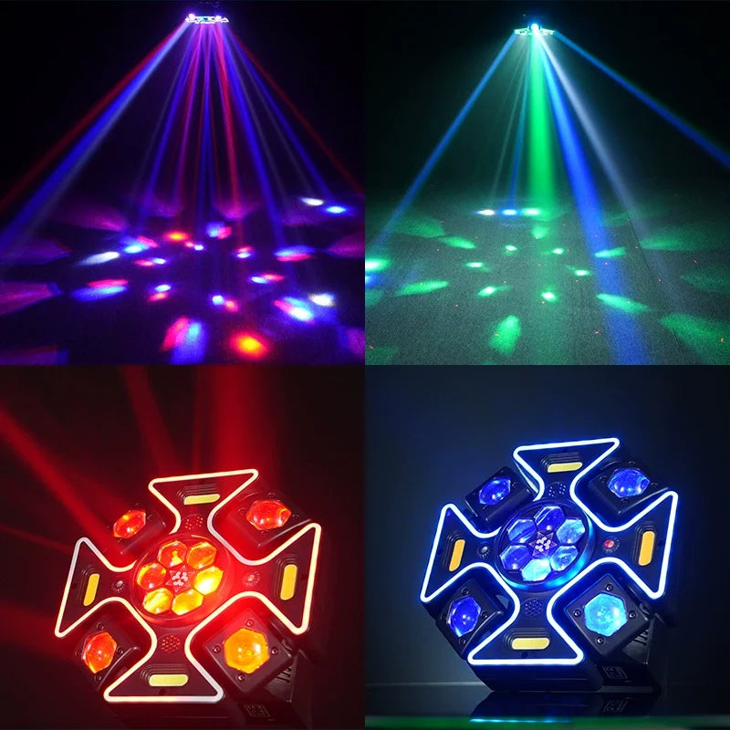 4-Arm Moving Head DJ Light with Red Green Laser & Strobe – DMX/Sound Control for Disco Party Bar