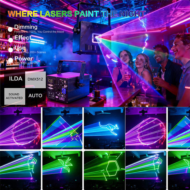 RGB 10W 12W Stage Laser Light DMX512 ILDA Analog TTL DJ Club Disco Party Show Laser Projector